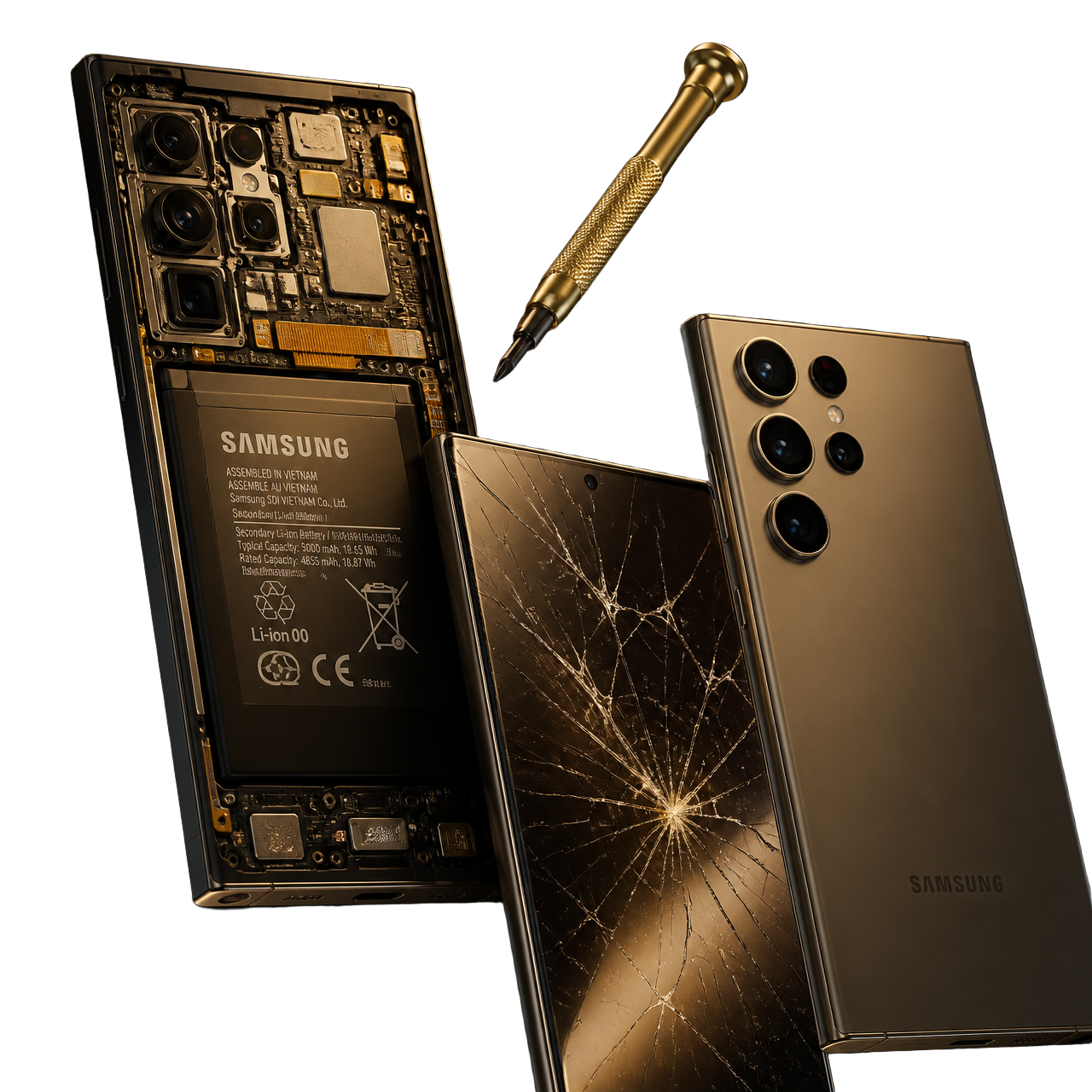 Samsung Galaxy Ultra abierto mostrando su batería, otro con pantalla quebrada y un destornillador de precisión